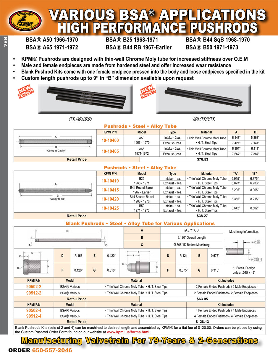 Chrome Moly Tube Pushrod Flyer for Various BSA® Applications