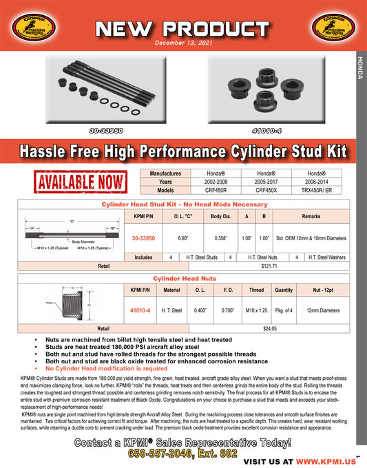 Hassle Free High Perf. Cyl. Stud Kit Flyer for Honda® Various 450's 2002-2017