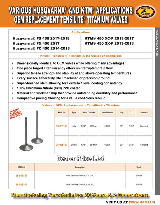 OEM Repl. Tensilite® Titanium Intake Valve Flyer for KTM® and Husqvarna® Various 450's 2013-2018