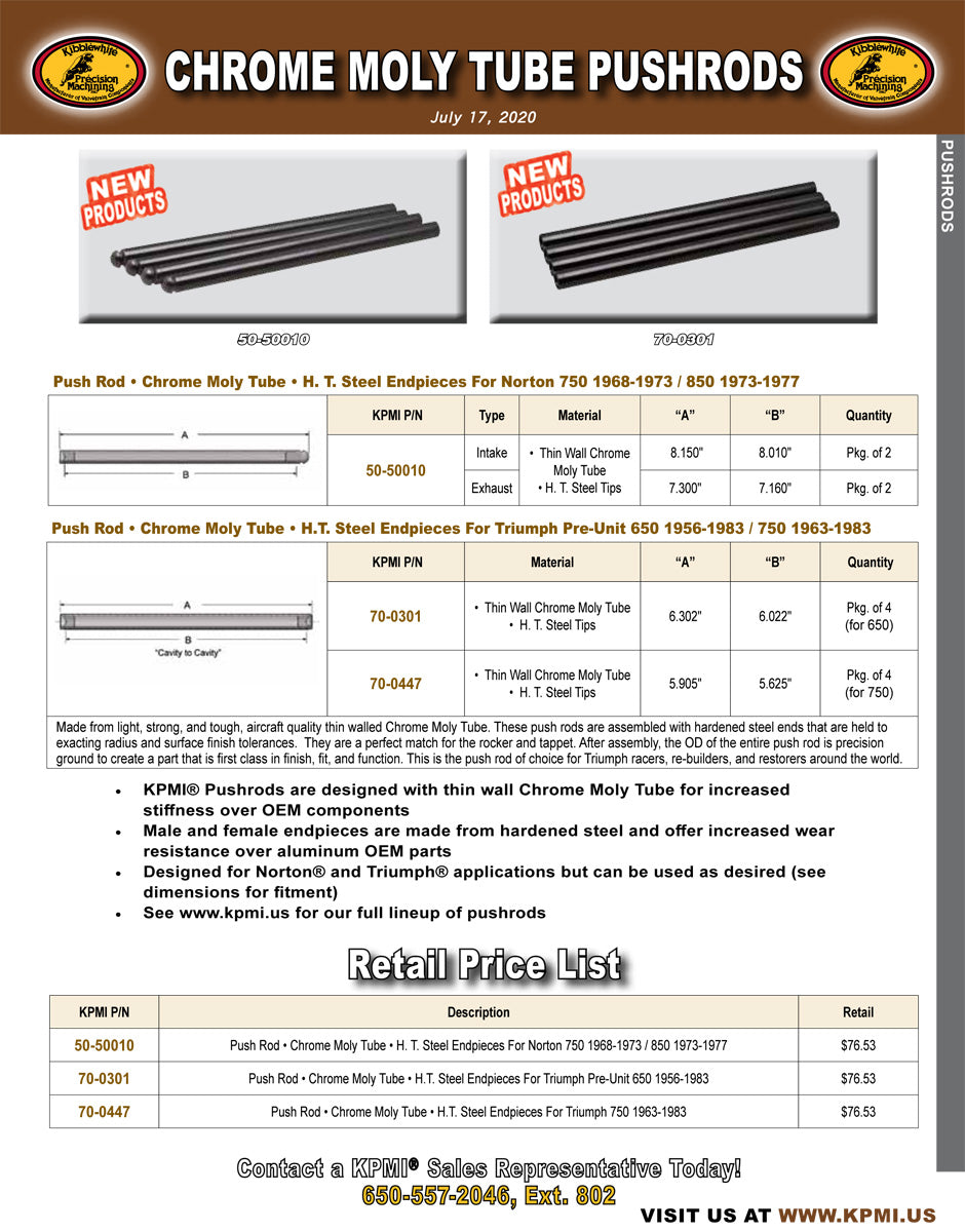 Chrome Moly Tube Pushrod Flyer for Norton® 750 and Triumph® Pre-Unit 650 / 750 Applications