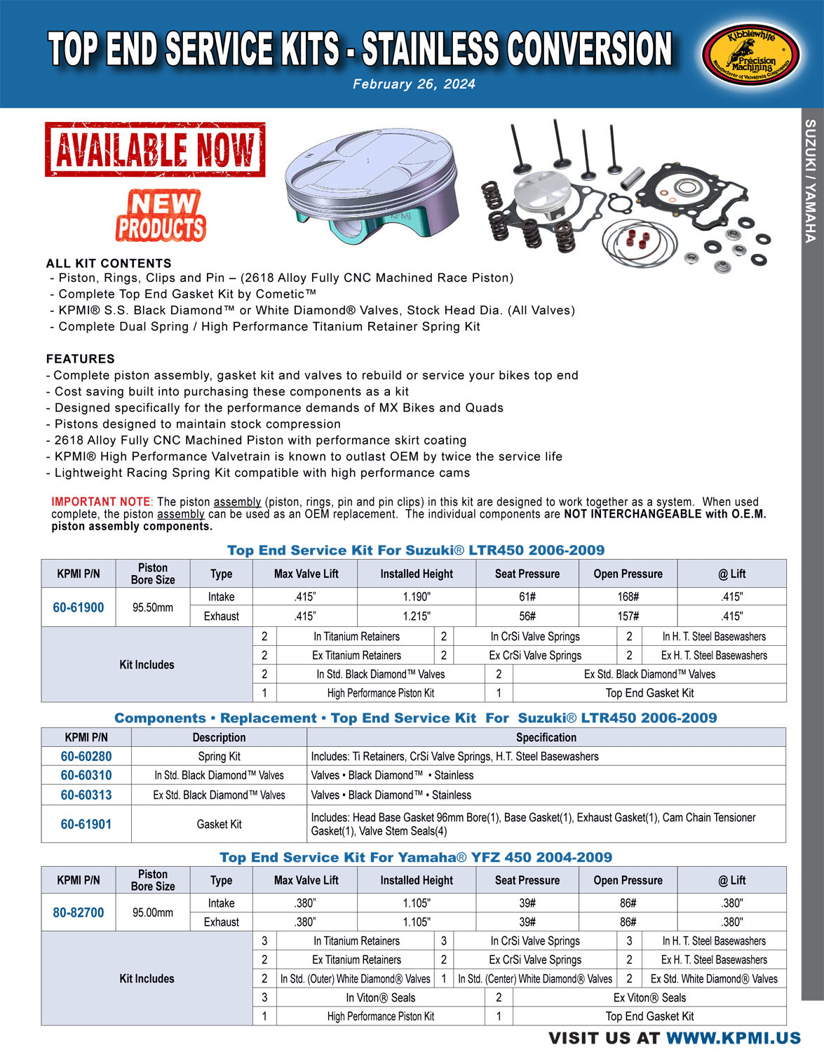 Top End Service Kit Flyer for Various Suzuki® and Yamaha® Applications