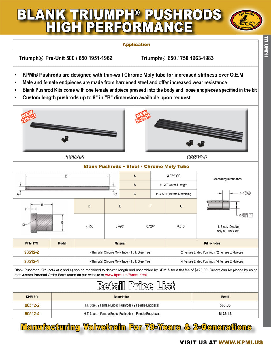 High Perf. Blank Pushrod Flyer for Various Triumph® Applications