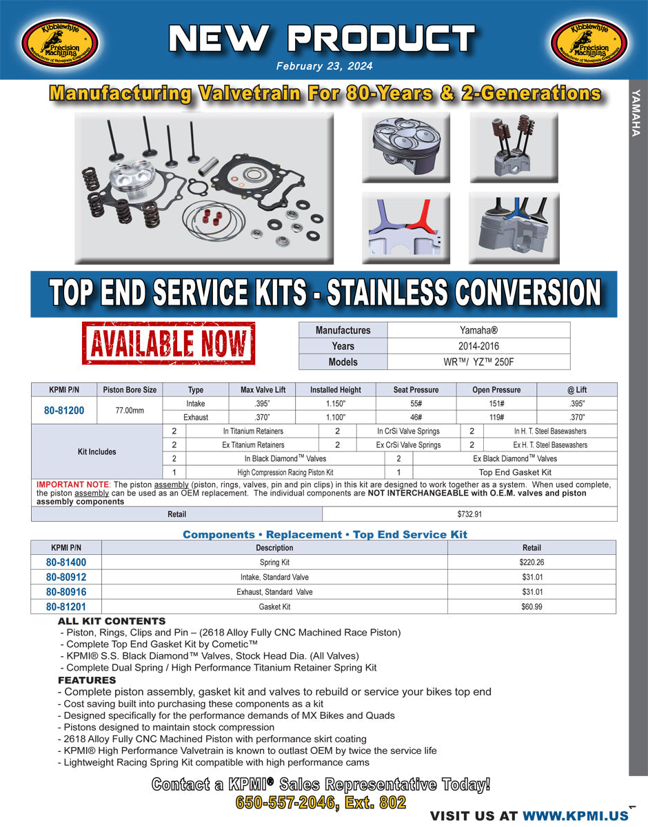 Top End Service Kit Flyer for Yamaha® WR™ / YZ™ 250F 2014-2016
