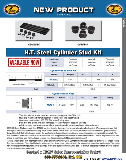 H.T. Steel Cylinder Stud Kit Flyer and Nut for Various Yamaha® 450's Applications